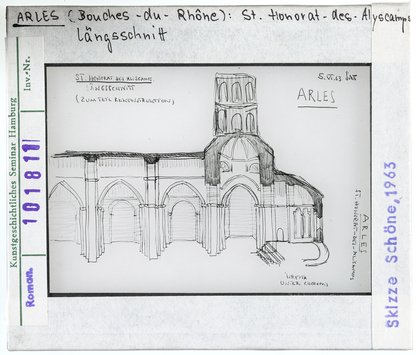 Vorschaubild Arles: Saint-Honorat-des-Alyscamps, Längsschnitt, Skizze Wolfgang Schöne 1963 